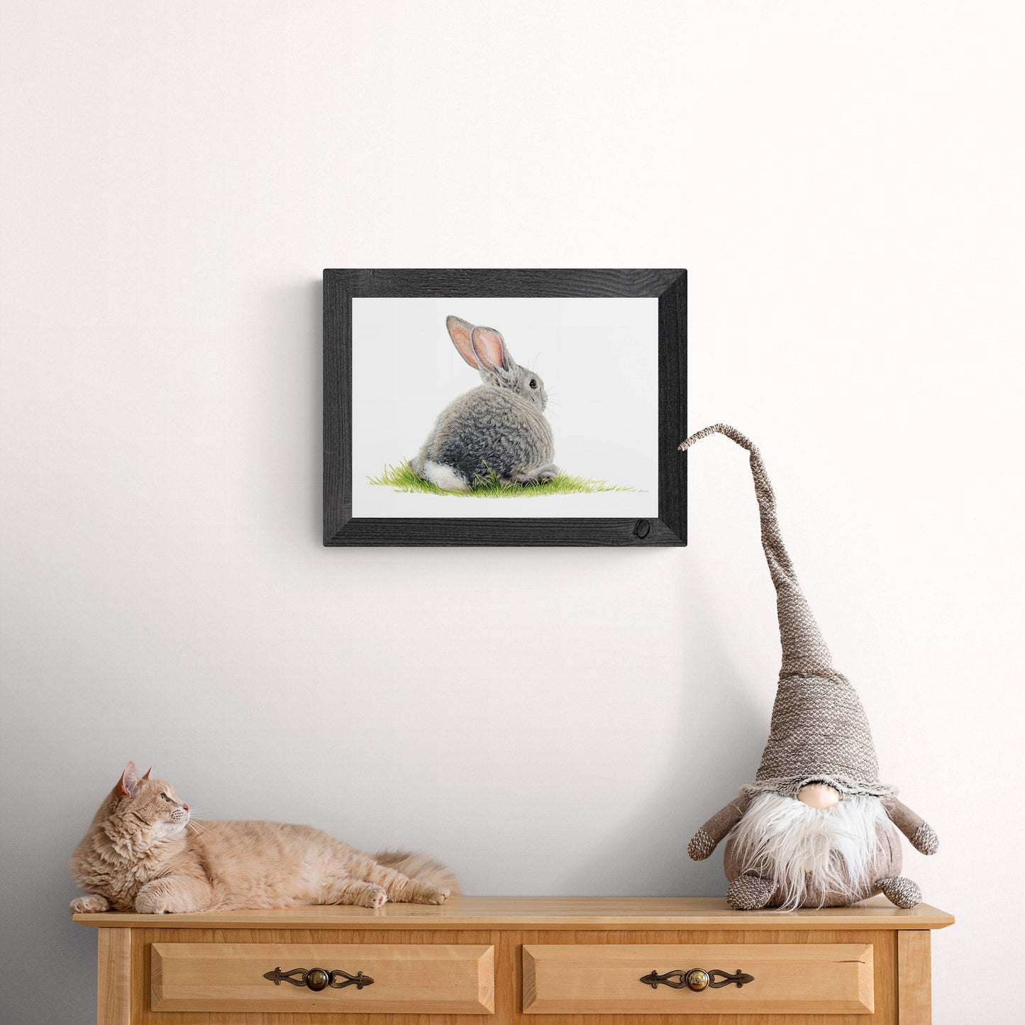 Bunny Rabbit open edition art print styled in a calm home interior setting, showing scale and presentation.
