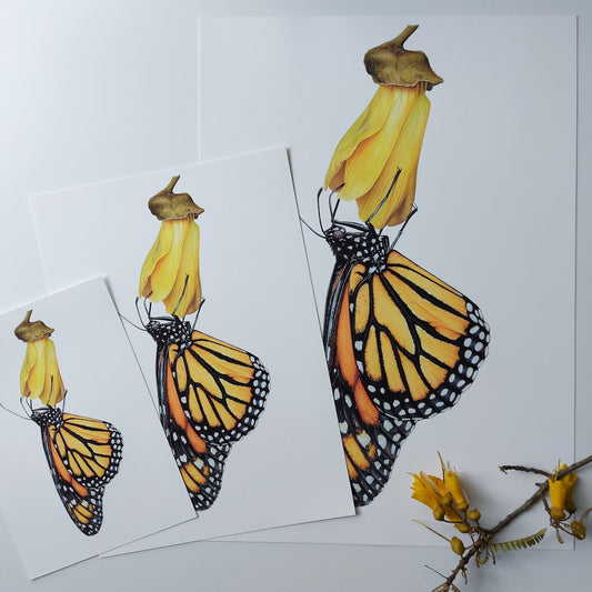 Close-up detail of monarch butterfly wing in Monarch on Kōwhai art print