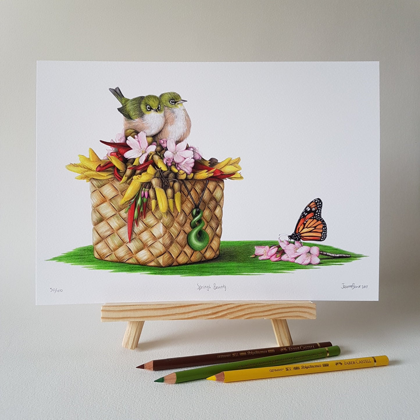 Hand-signed and numbered limited edition Spring’s Bounty silvereye art print by Joanne Bowe