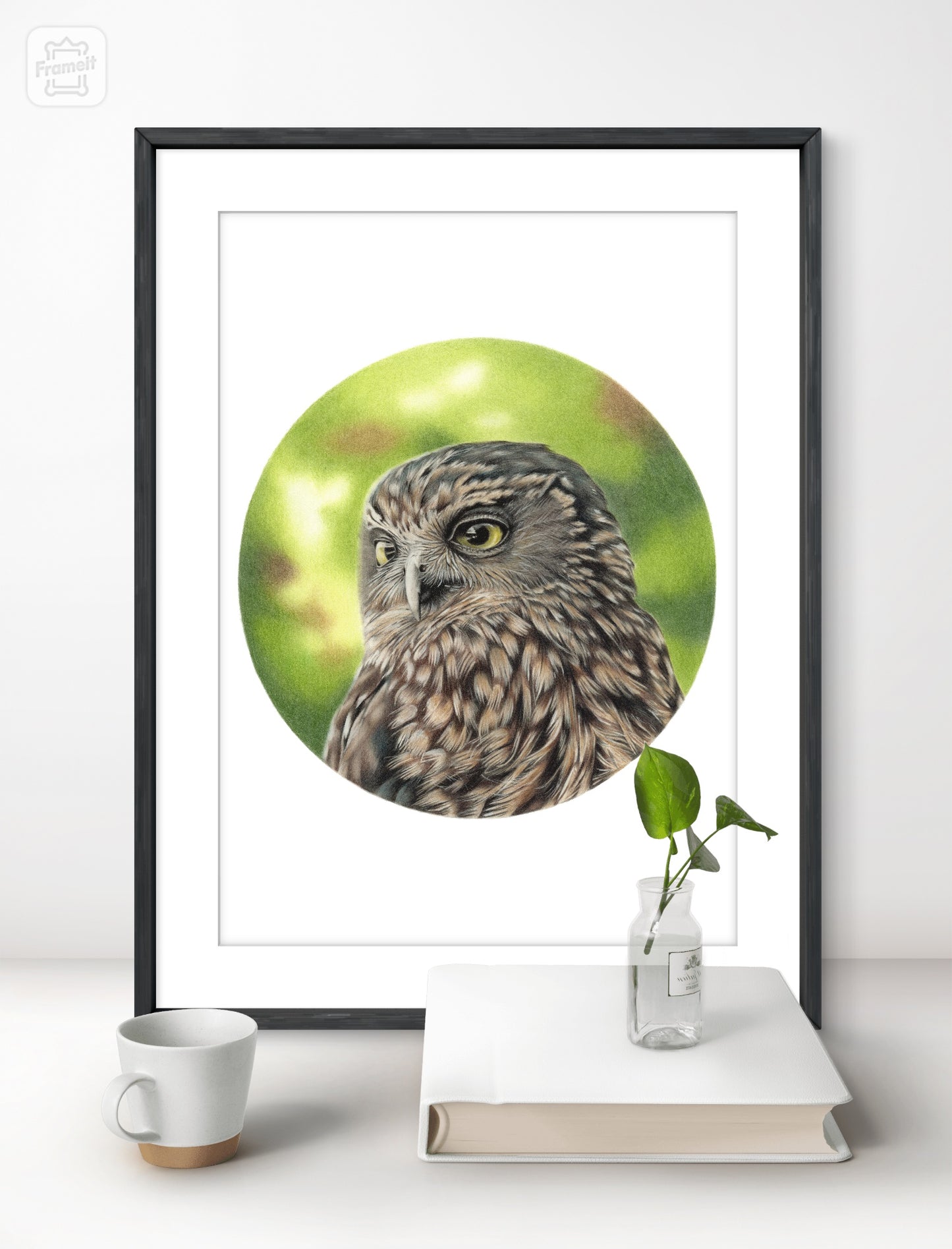 Morepork (ruru) open edition art print styled in a calm home interior setting, showing scale and presentation.