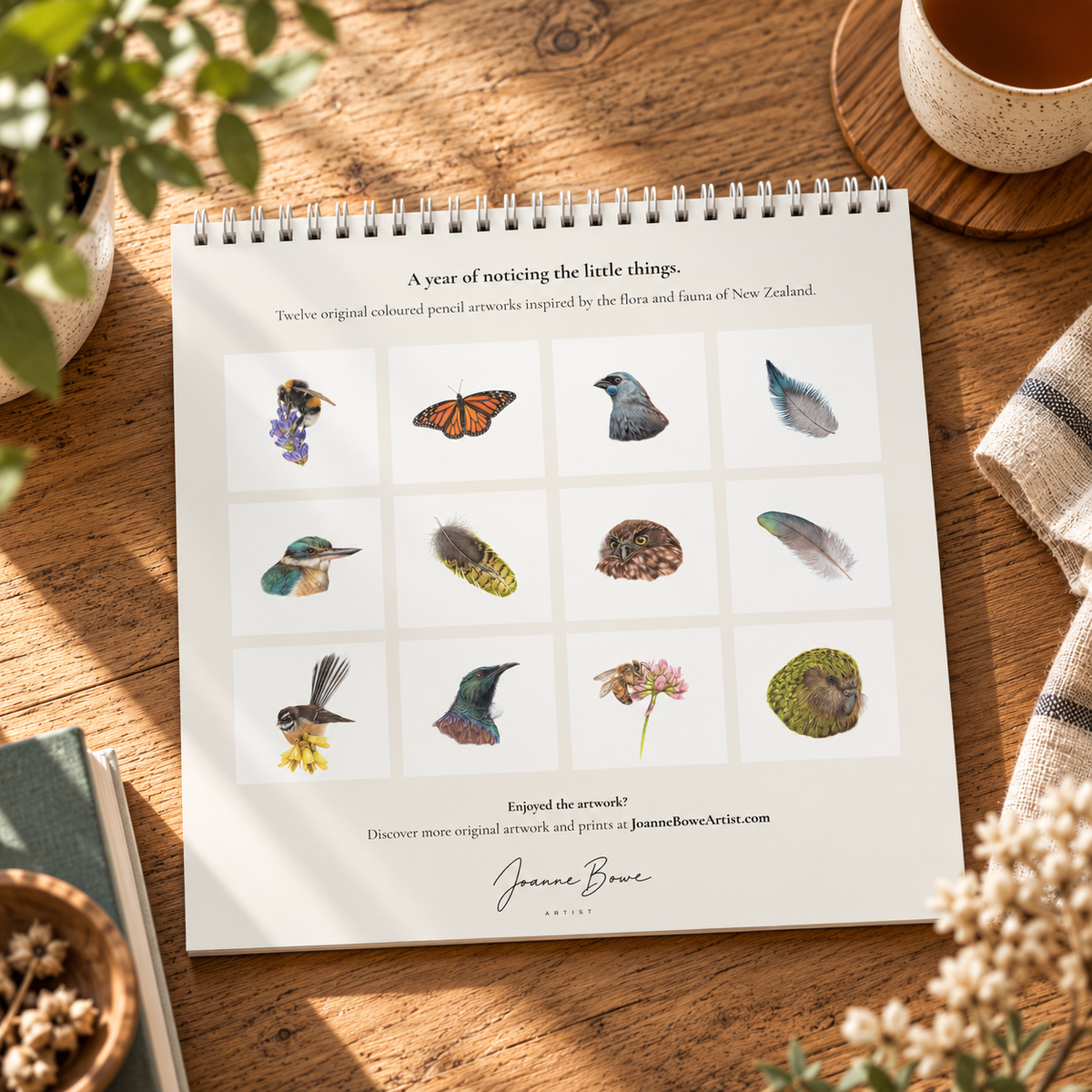 Back cover of the 2027 calendar featuring twelve original coloured pencil artworks by New Zealand artist Joanne Bowe