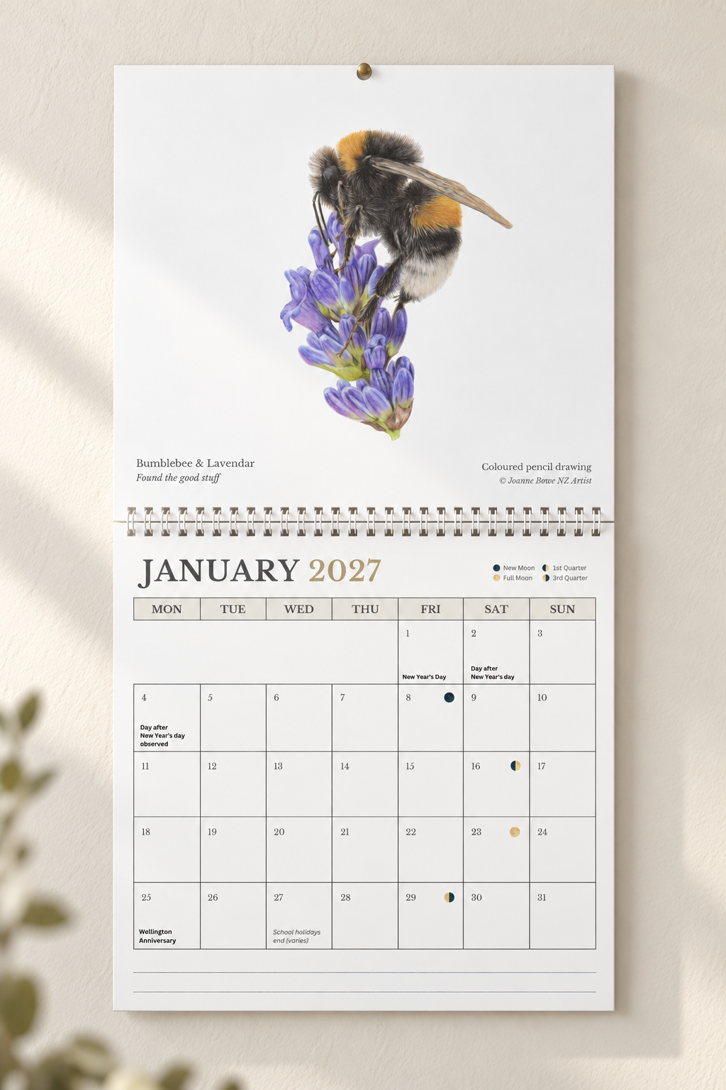 2027 New Zealand wall calendar showing original coloured pencil nature artwork and monthly calendar pages