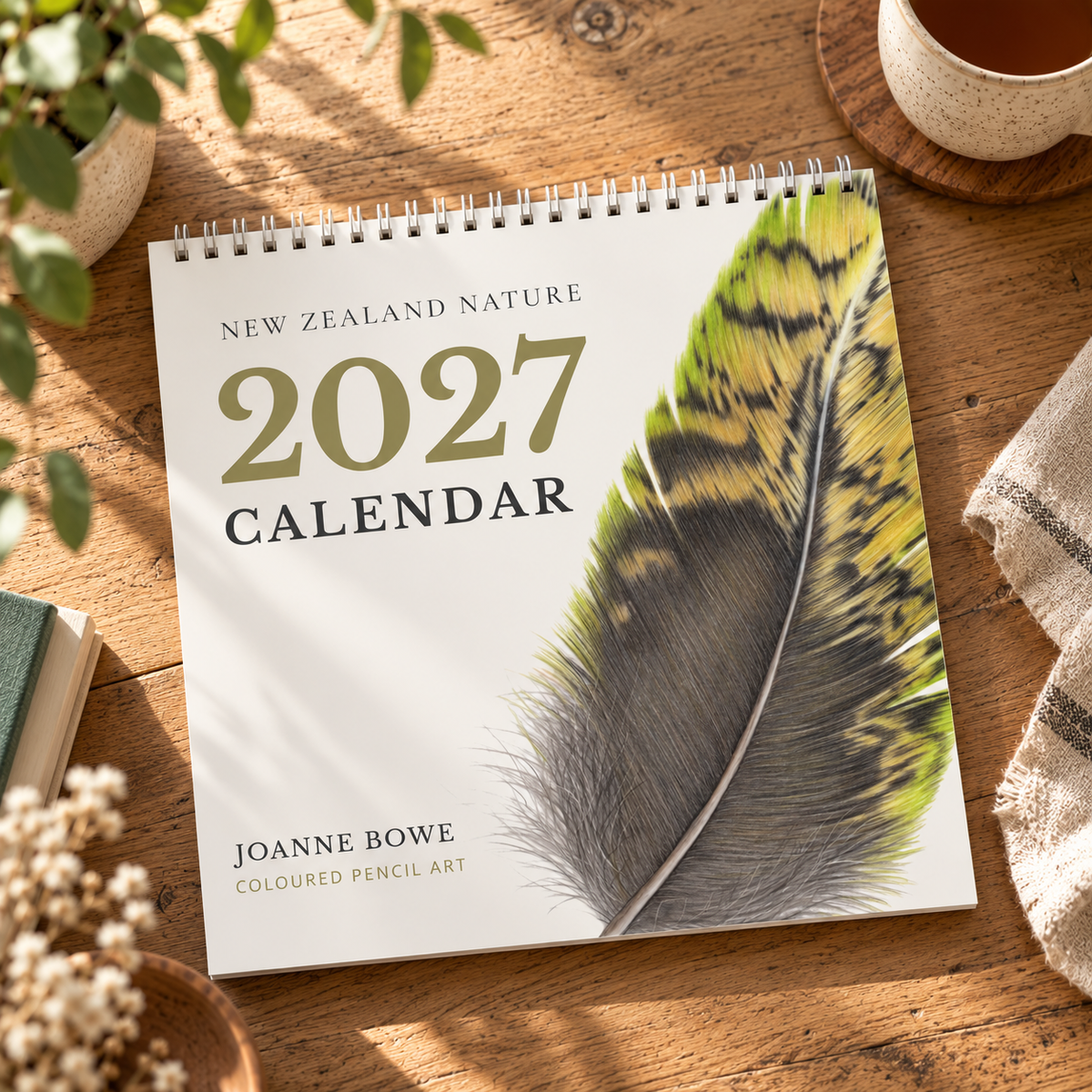 2027 New Zealand nature art calendar featuring a coloured pencil feather artwork by Joanne Bowe