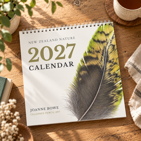 2027 New Zealand nature art calendar featuring a coloured pencil feather artwork by Joanne Bowe