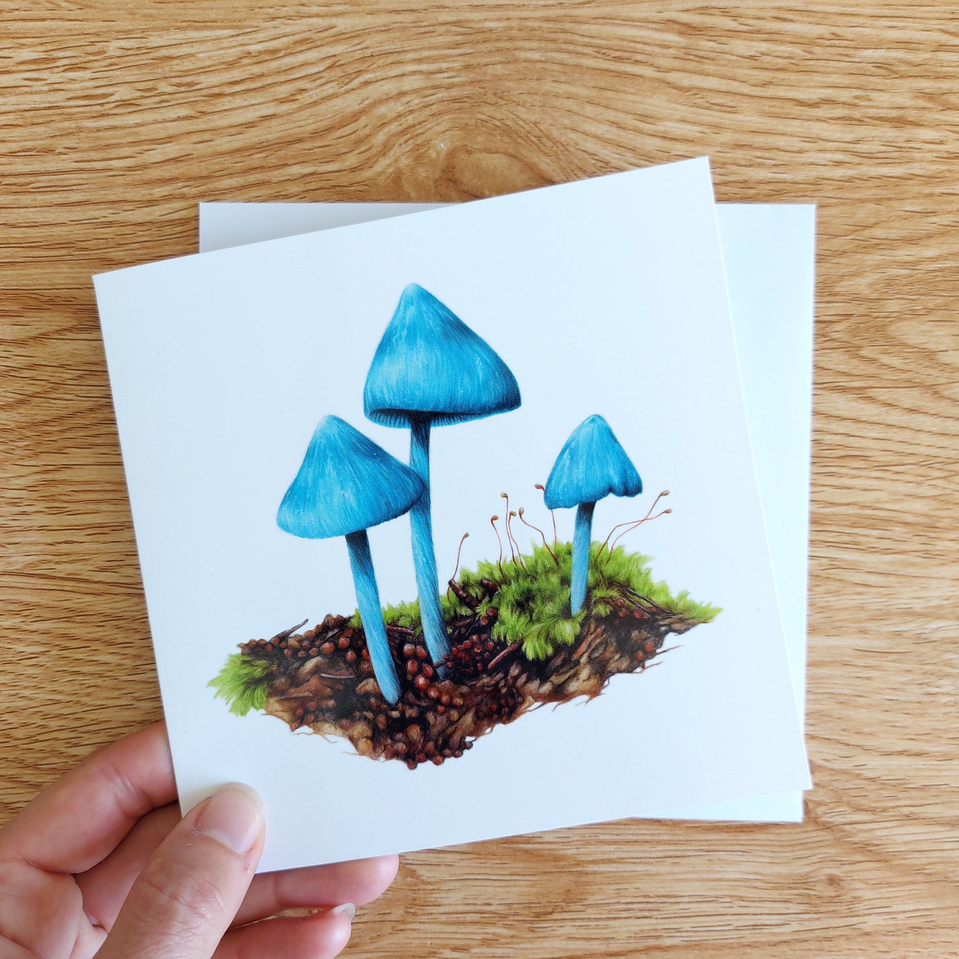 Greeting card featuring a coloured pencil illustration of a New Zealand Entoloma hochstetteri, also known as the werewere kokako fungi