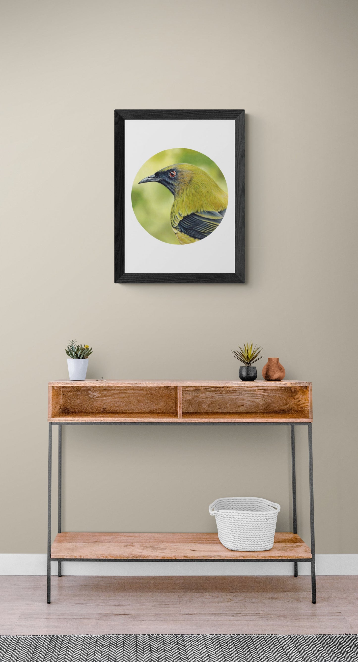 Bellbird (korimako) open edition art print styled in a calm home interior setting, showing scale and presentation.