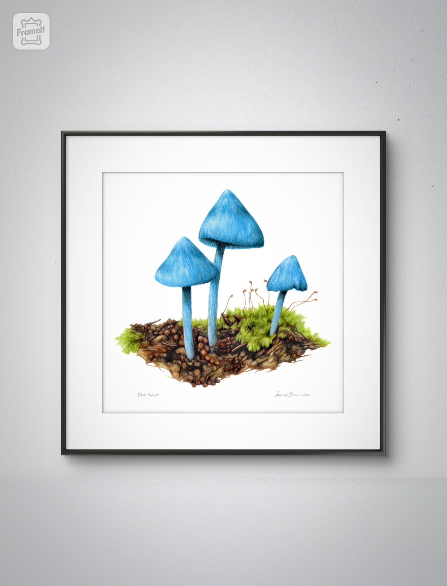 Blue Pinkgill open edition art print styled in a calm home interior setting, showing scale and presentation.