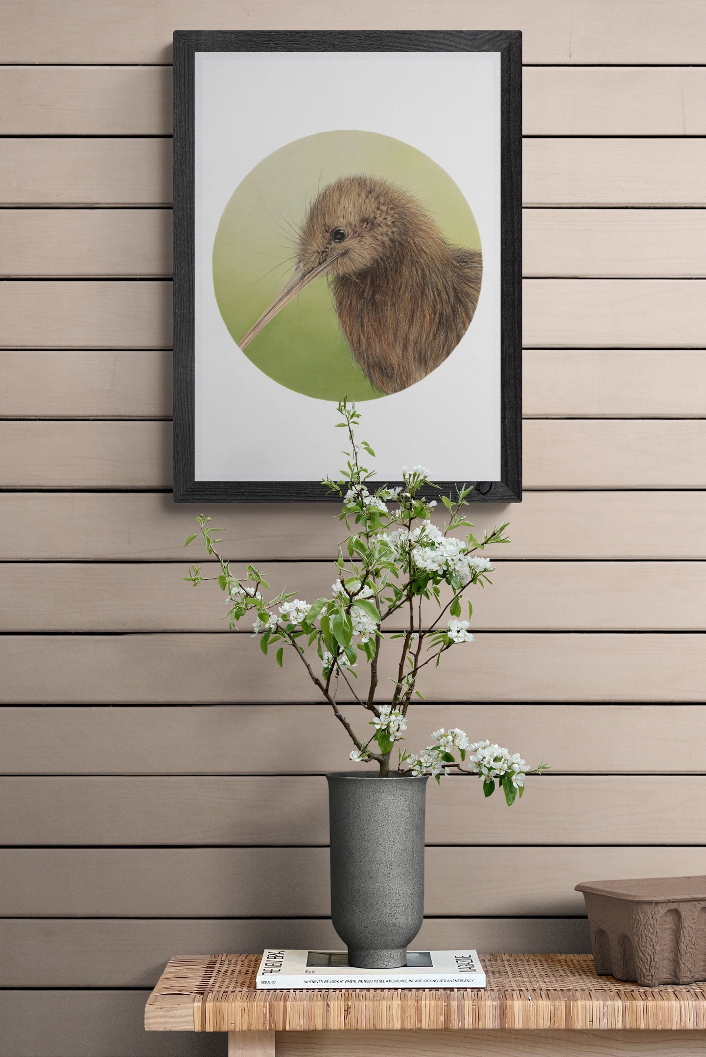 Brown Kiwi open edition art print styled in a calm home interior setting, showing scale and presentation.