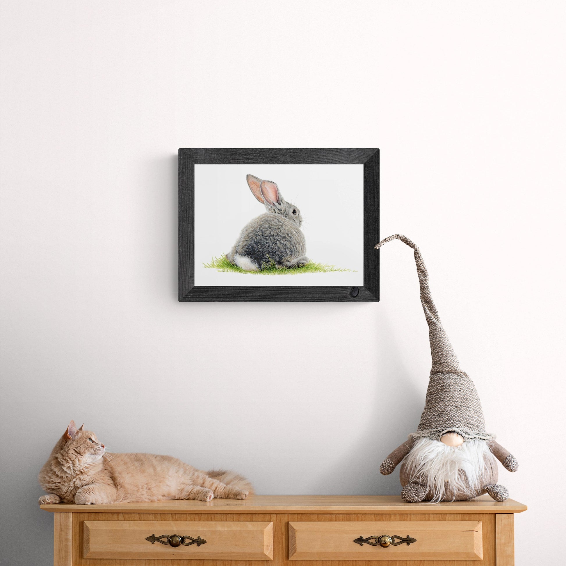 Bunny Rabbit open edition art print styled in a calm home interior setting, showing scale and presentation.