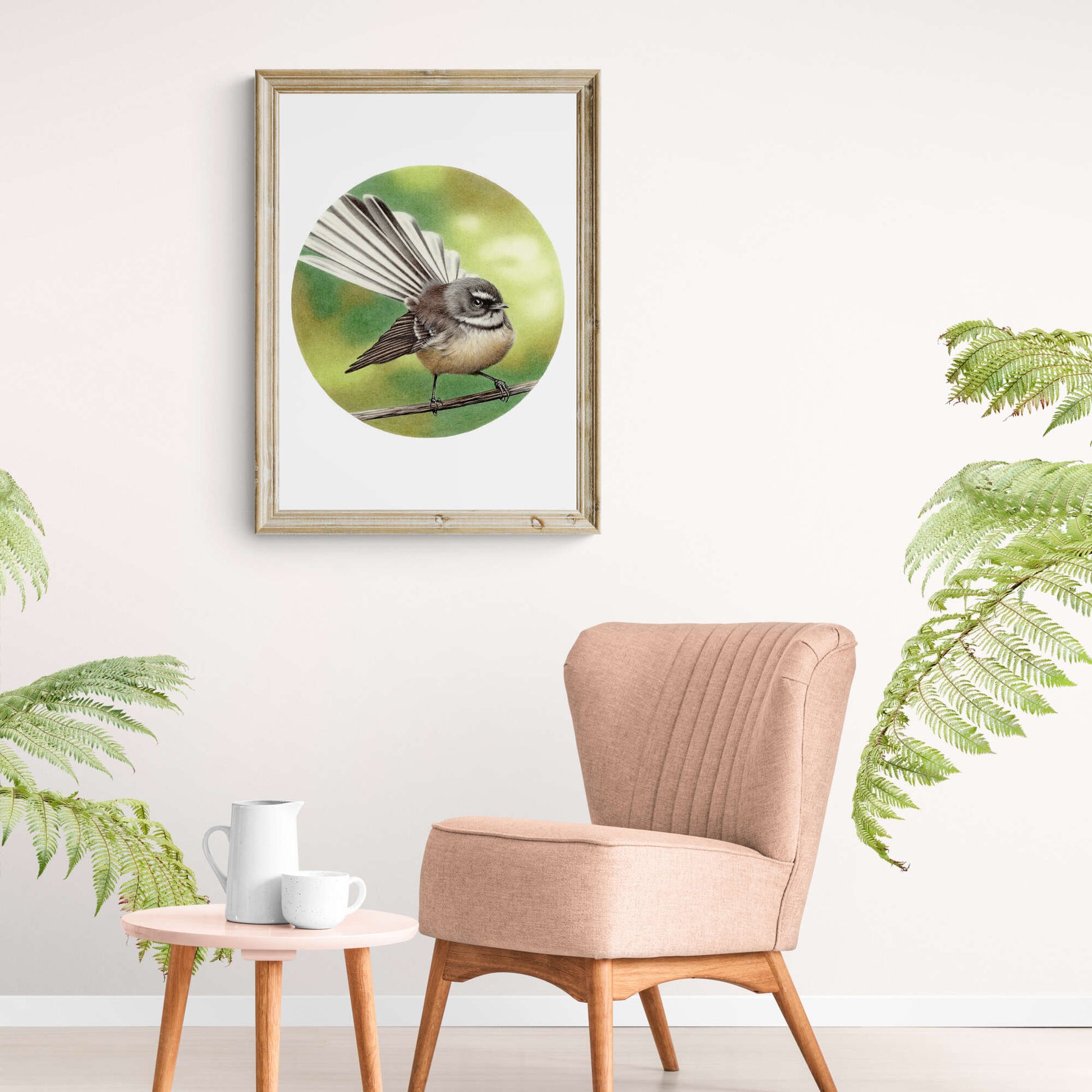 Fantail (pīwakawaka) open edition art print styled in a calm home interior setting, showing scale and presentation.