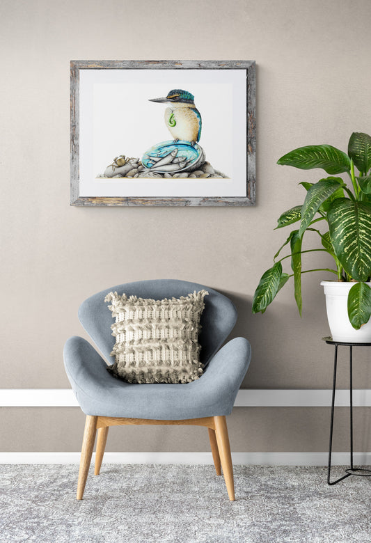 A King’s Feast limited edition kingfisher art print displayed in an interior setting