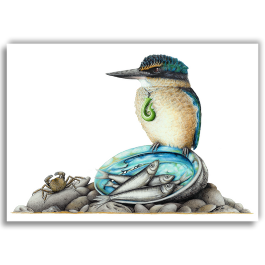 Limited edition art print of A King’s Feast featuring a kōtare kingfisher, coloured pencil artwork by Joanne Bowe