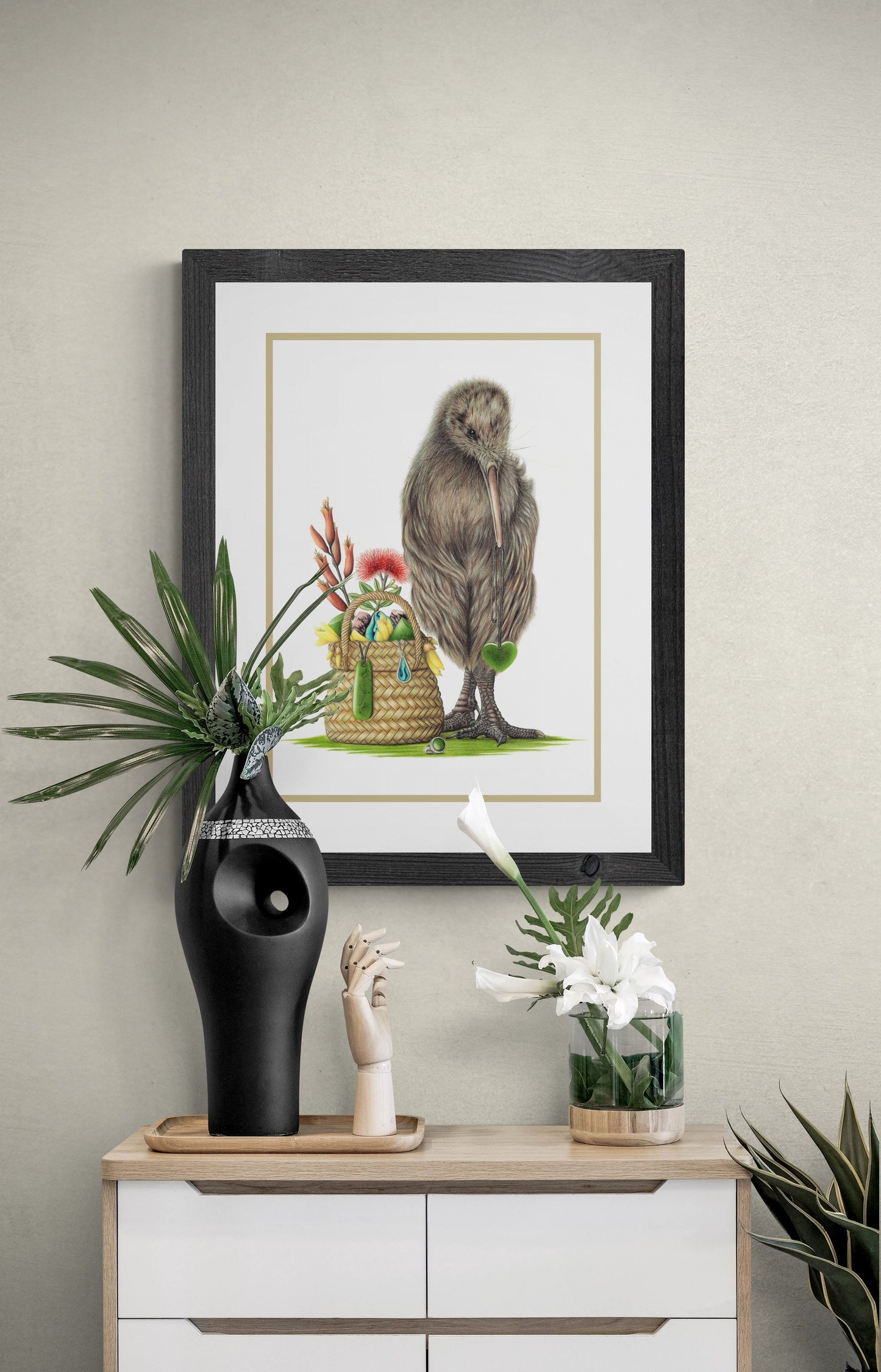 A Kiwi’s Treasure limited edition art print displayed in a calm interior setting