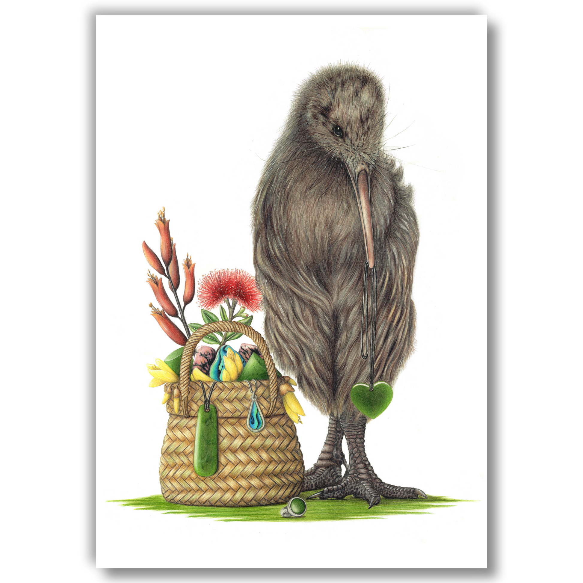 Limited edition art print of a North Island Brown Kiwi with native New Zealand treasures, coloured pencil artwork by Joanne Bowe