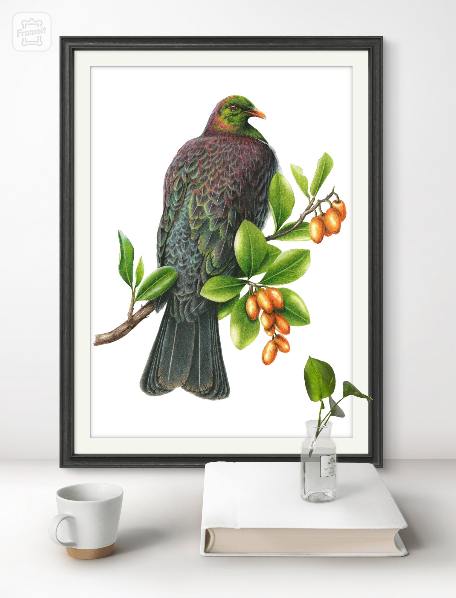 Kererū on Karaka limited edition art print displayed in a styled interior setting