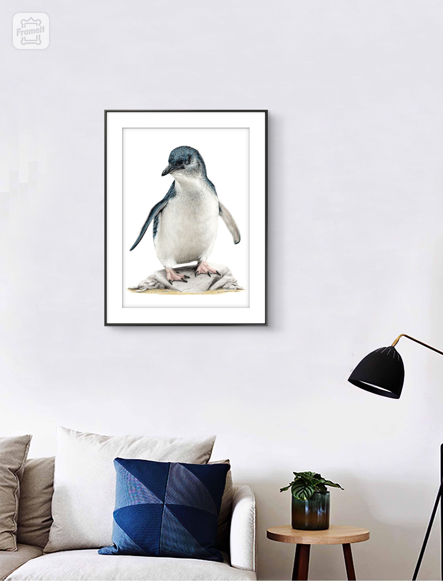 Little Blue Penguin limited edition art print displayed in a calm interior setting
