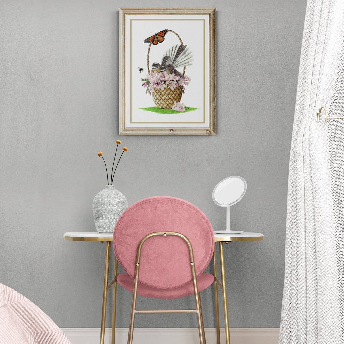 Love Blossoms limited edition fantail art print displayed in a calm interior setting