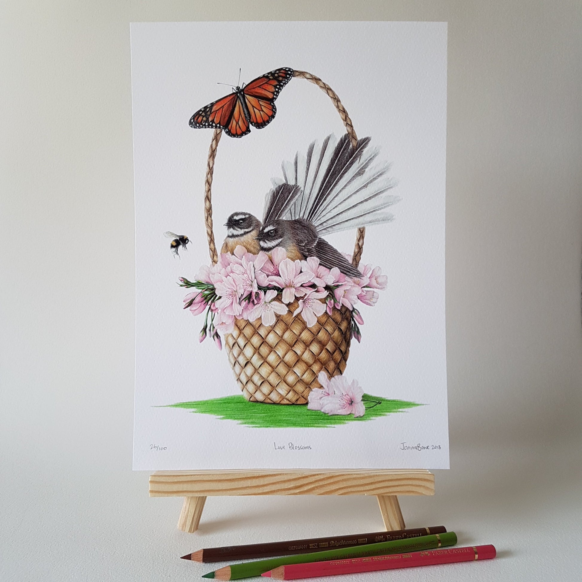 Hand-signed and numbered limited edition Love Blossoms fantail art print by Joanne Bowe
