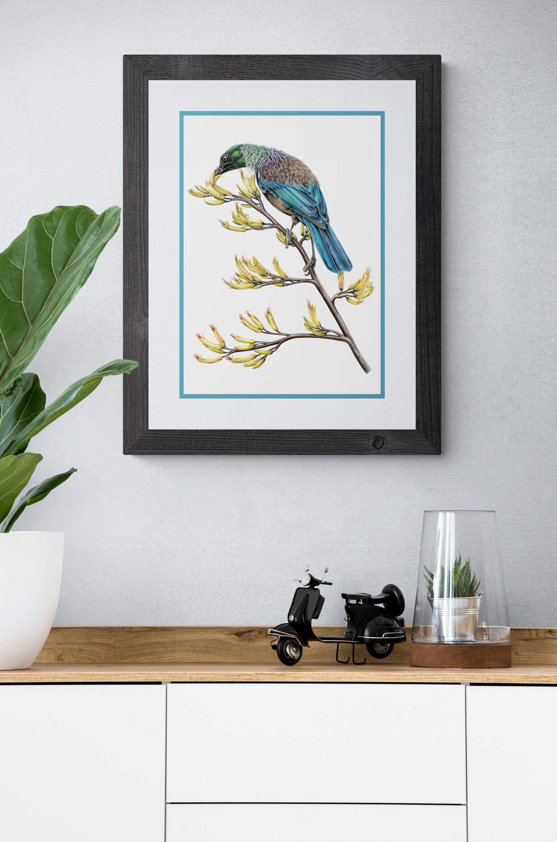 Tūī on Flax limited edition art print displayed in a calm interior setting