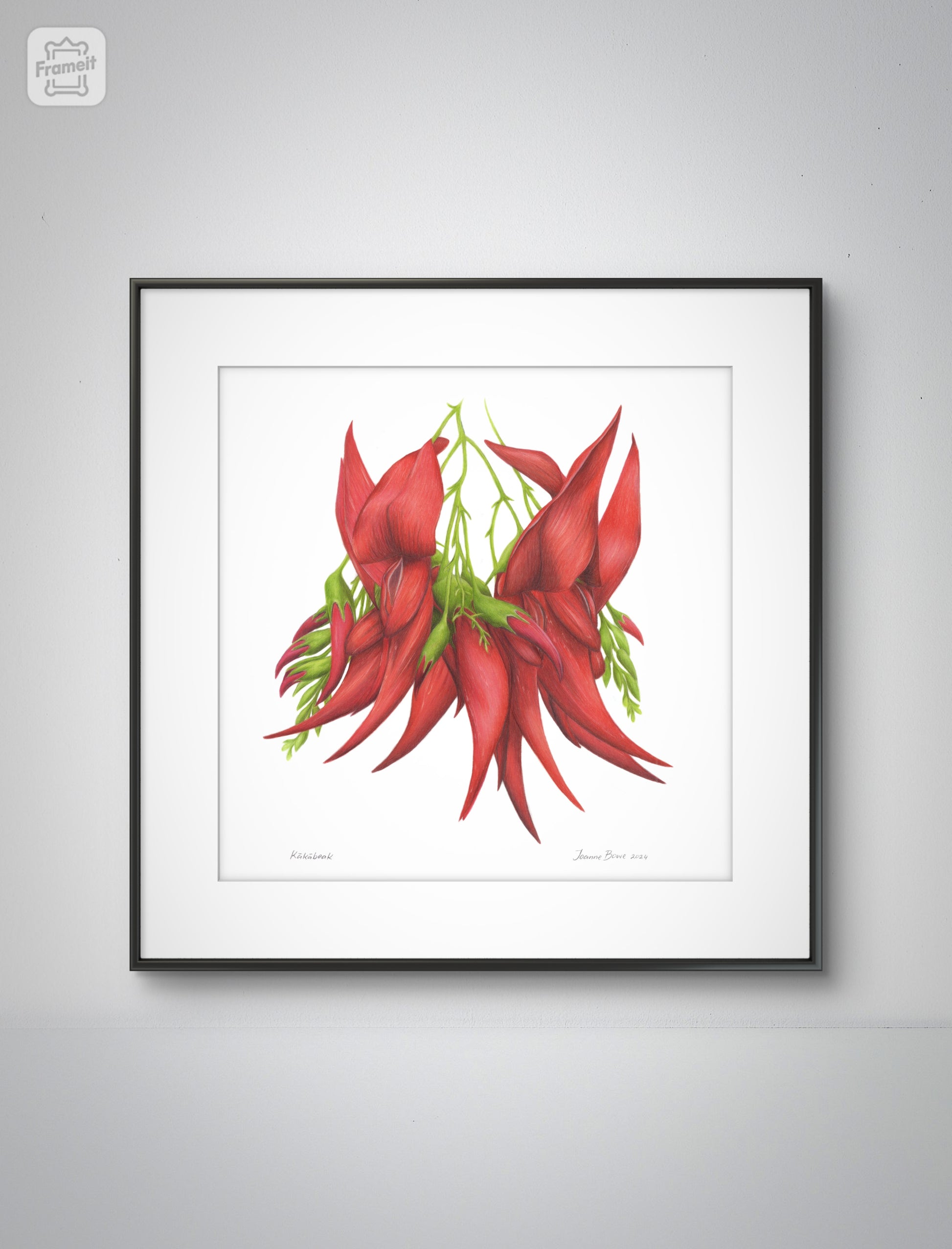 Kākābeak open edition art print styled in a calm home interior setting, showing scale and presentation.