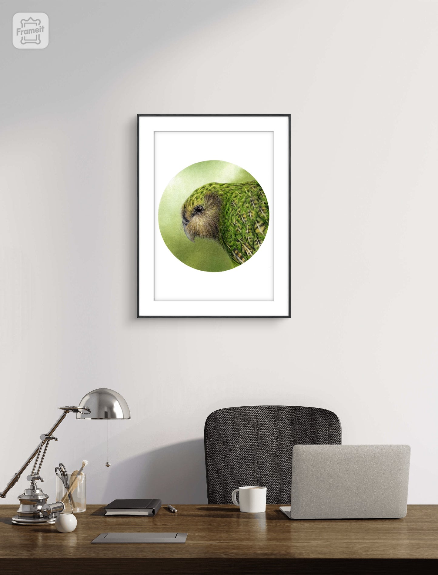 Kākāpō open edition art print styled in a calm home interior setting, showing scale and presentation.