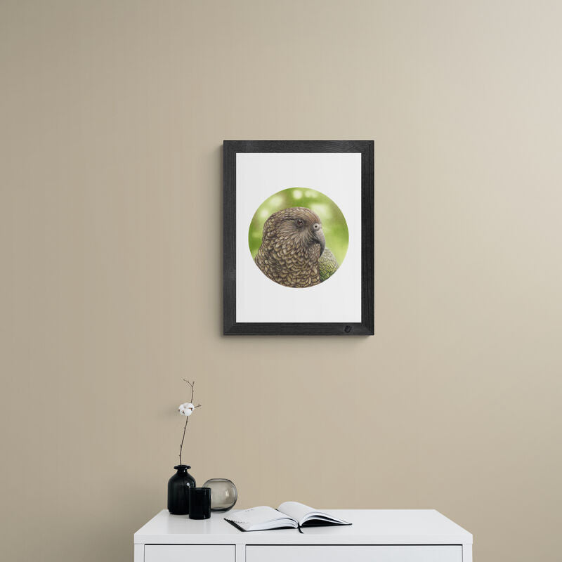 Kea open edition art print styled in a calm home interior setting, showing scale and presentation.