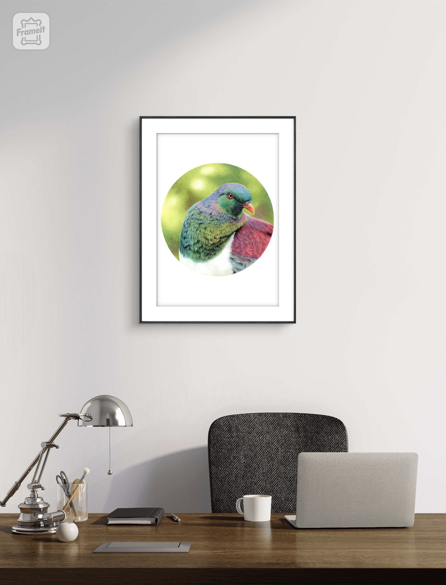 Kererū open edition art print styled in a calm home interior setting, showing scale and presentation.