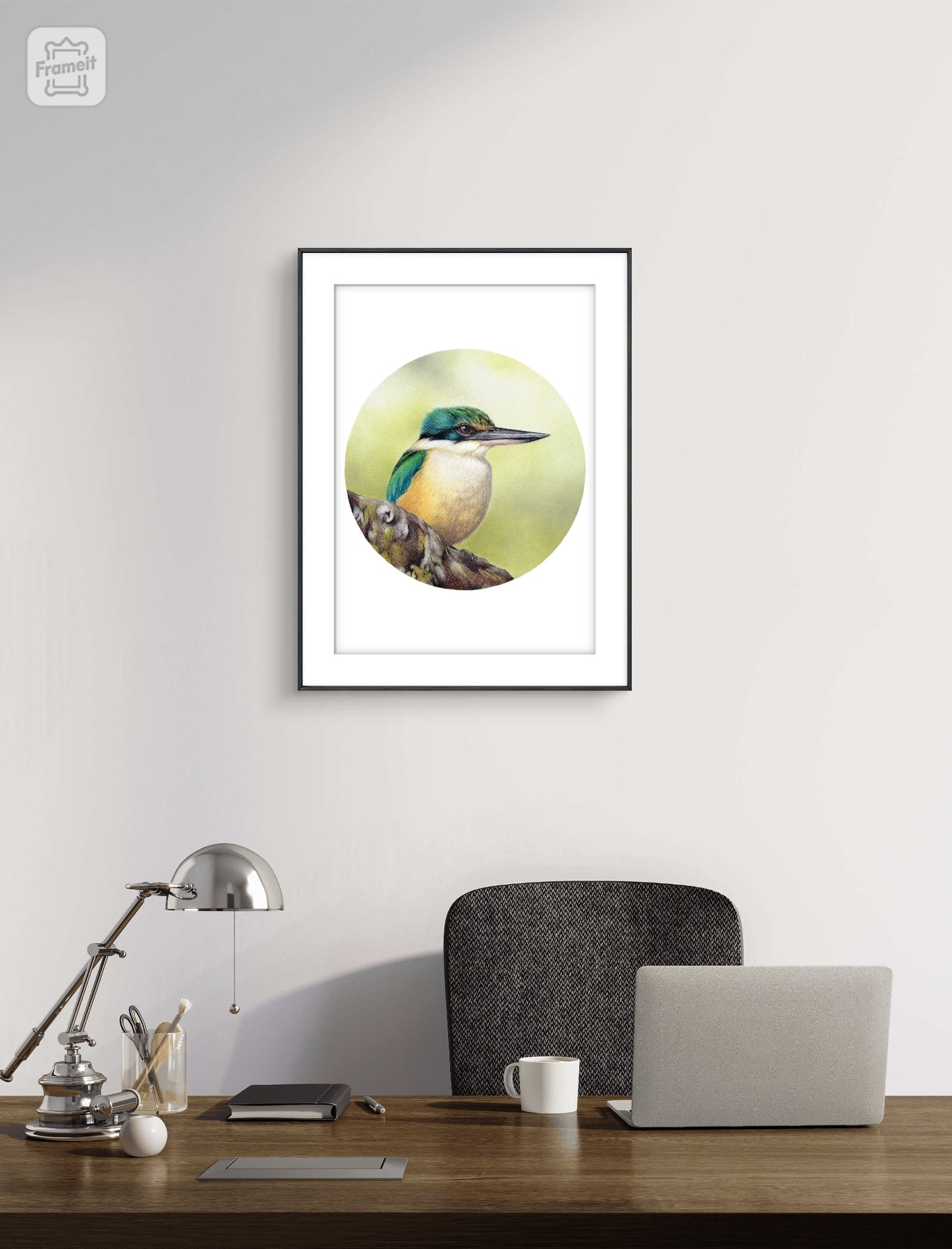 Kingfisher open edition art print styled in a calm home interior setting, showing scale and presentation.