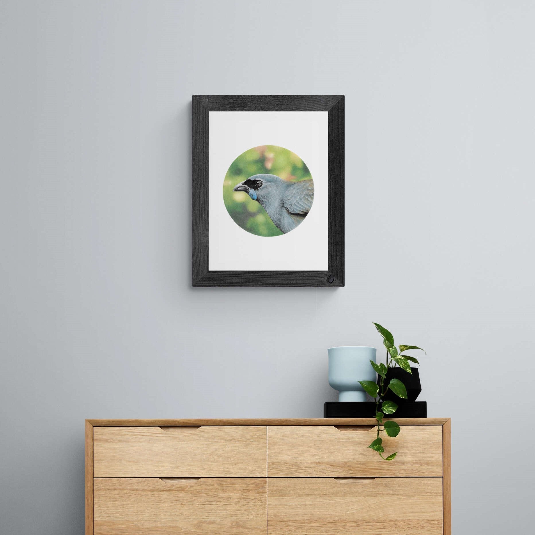 Kōkako open edition art print styled in a calm home interior setting, showing scale and presentation.