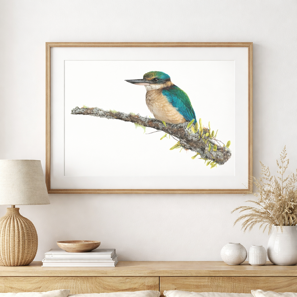 Framed original coloured pencil artwork of a New Zealand kōtare (kingfisher), displayed in a wood frame within a Scandinavian-style interior.