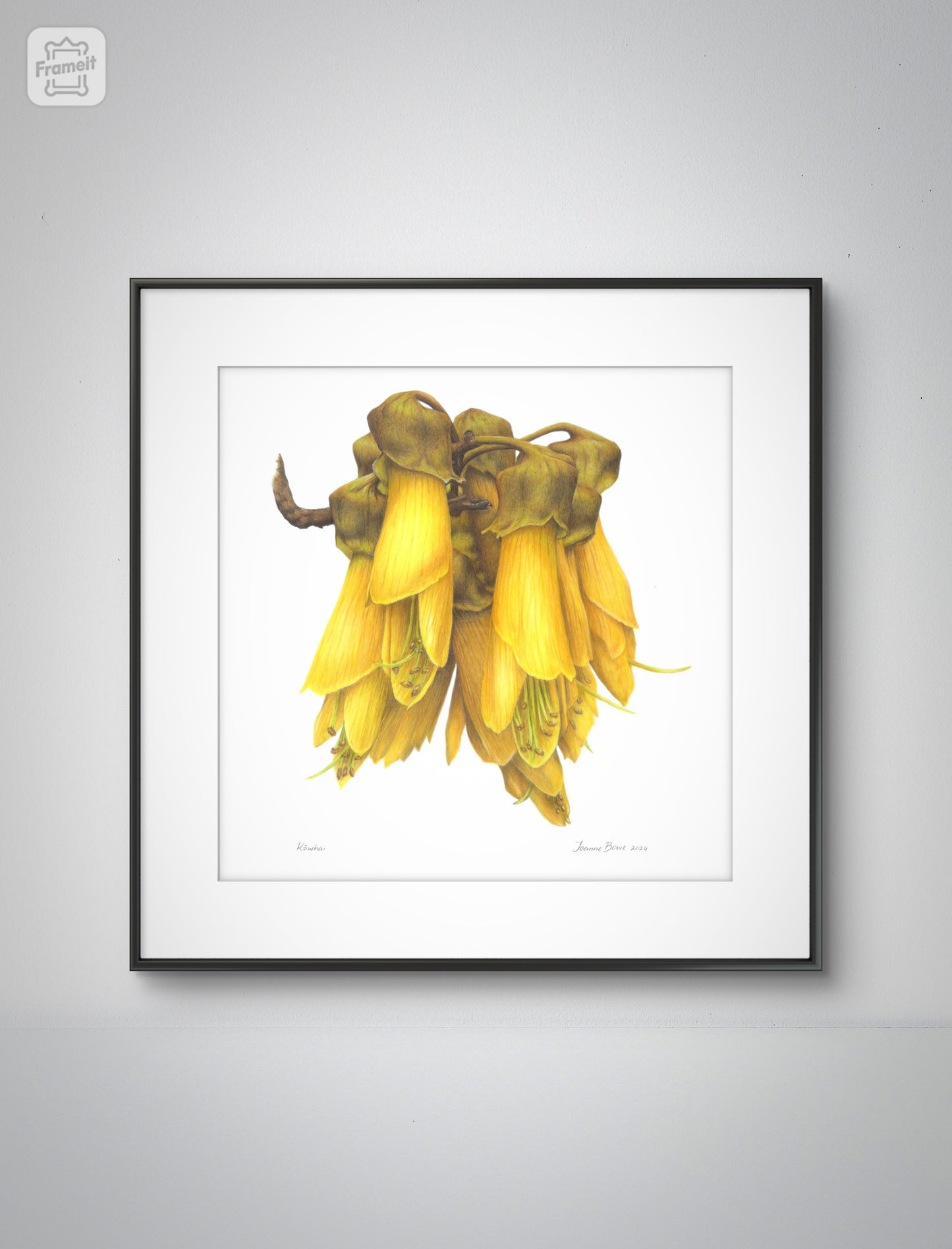 Kōwhai open edition art print styled in a calm home interior setting, showing scale and presentation.