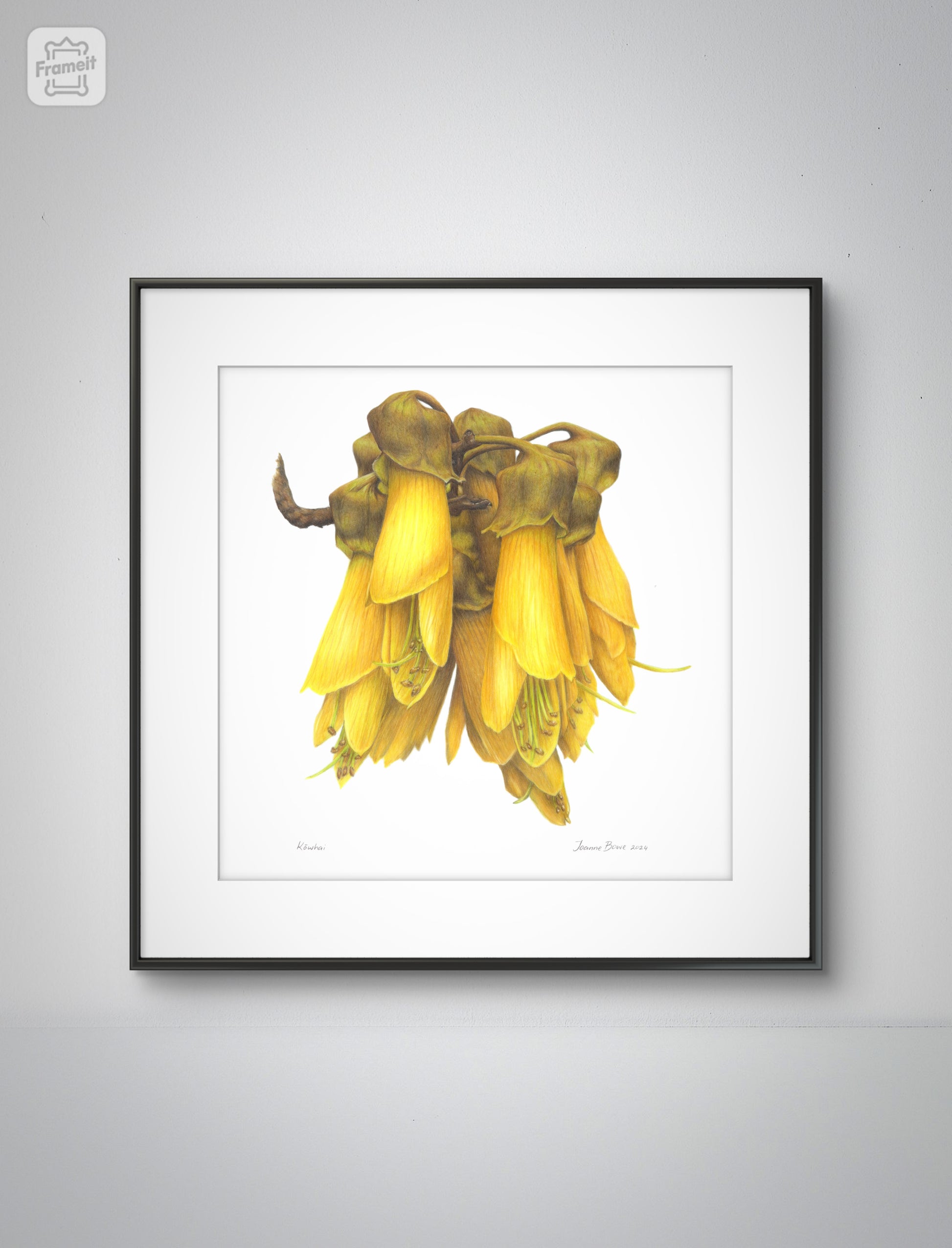 Kōwhai open edition art print styled in a calm home interior setting, showing scale and presentation.