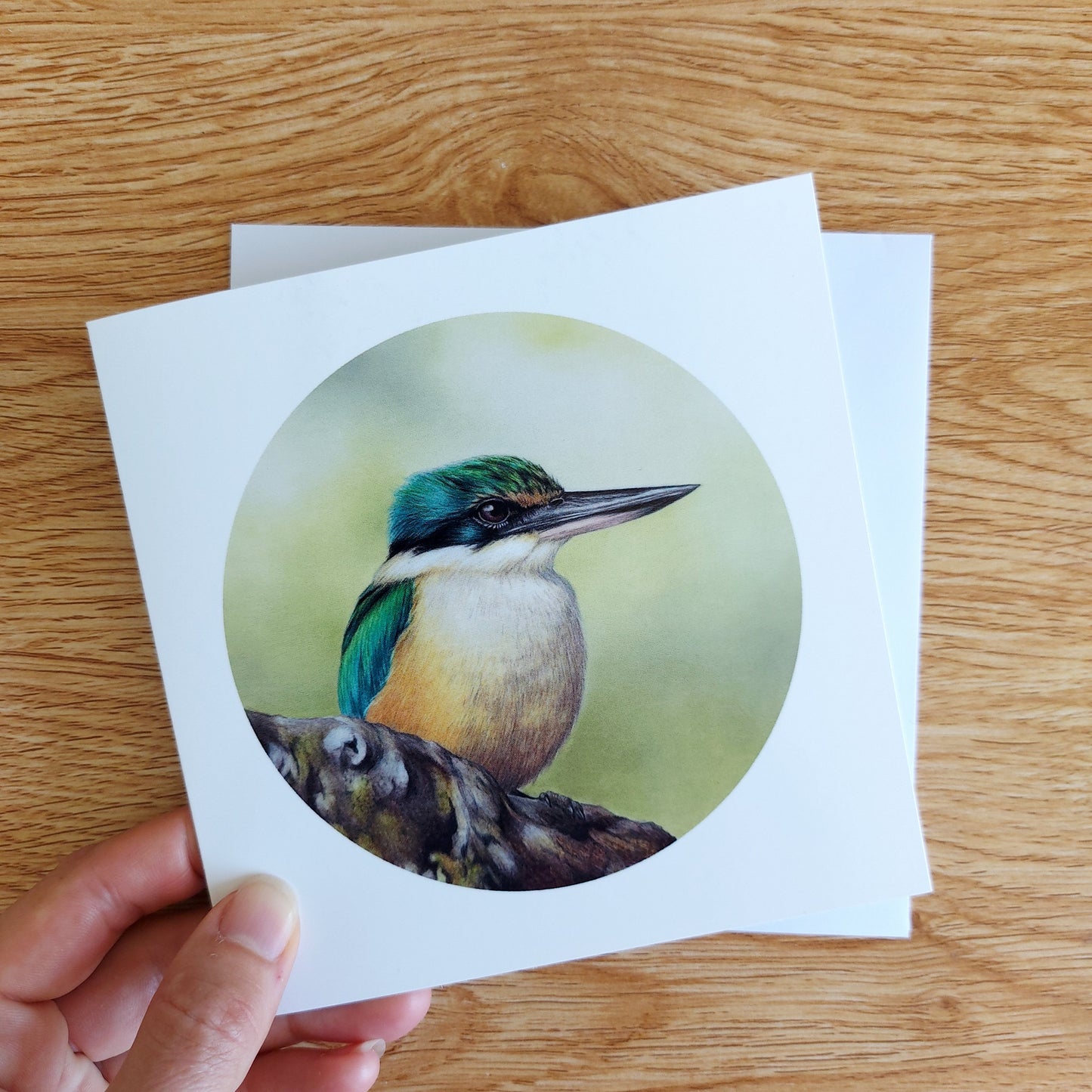 Greeting card featuring a coloured pencil illustration of a New Zealand kingfisher