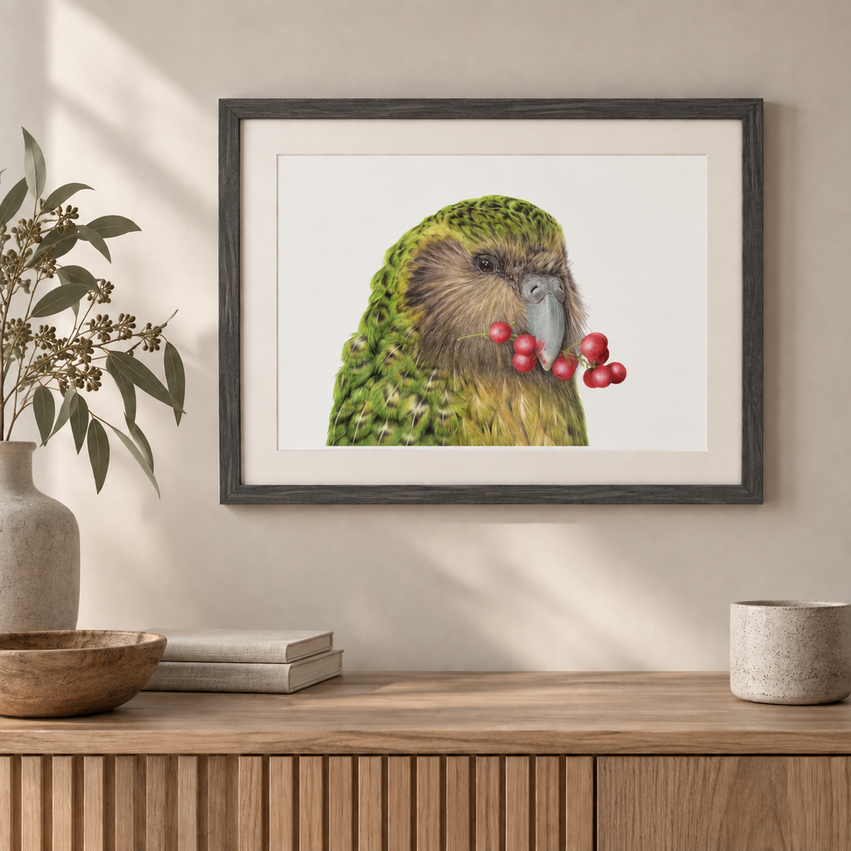 NZ kakapo bird art in coloured pencil, framed A3 print in a Scandinavian interior