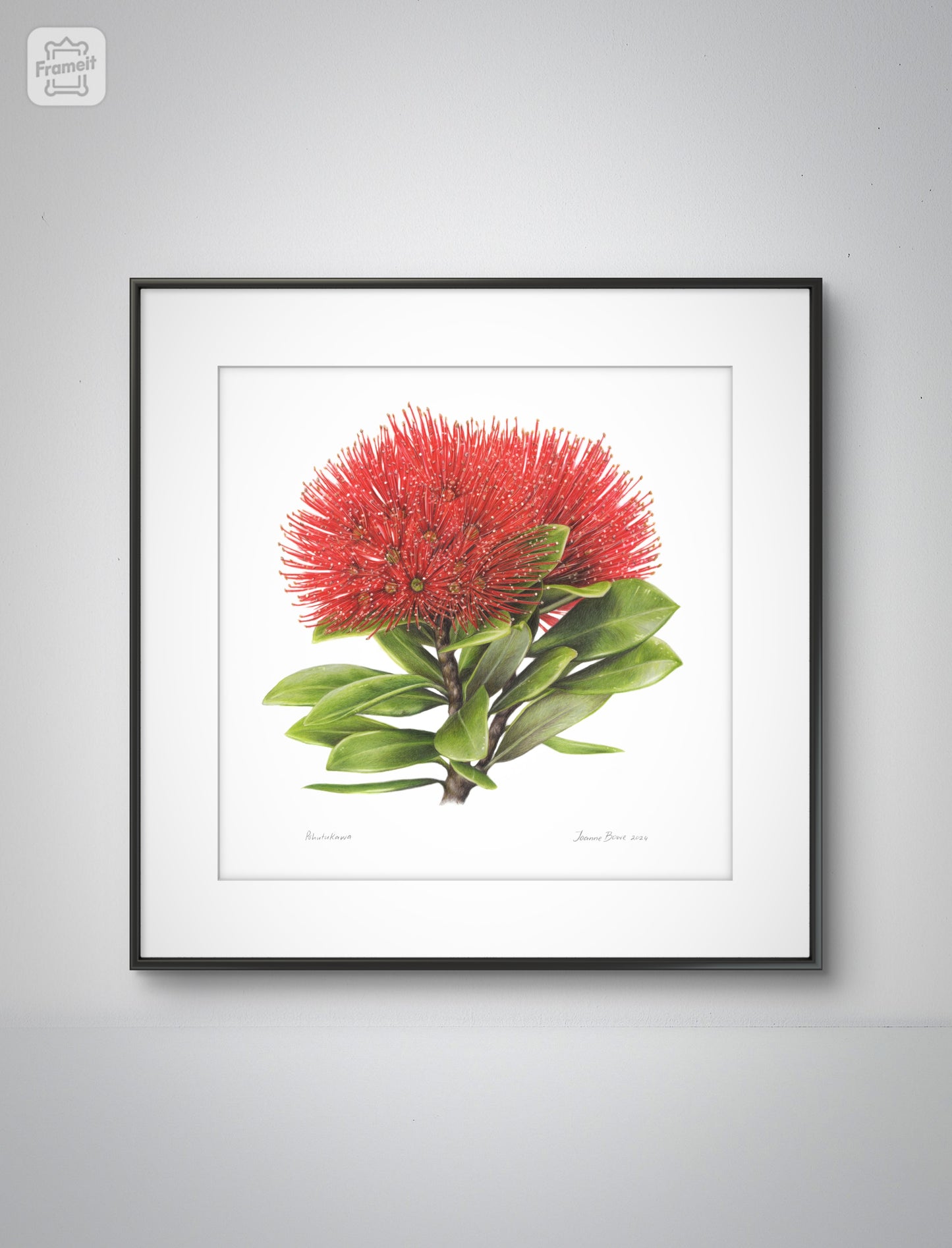 Pōhutukawa open edition art print styled in a calm home interior setting, showing scale and presentation.