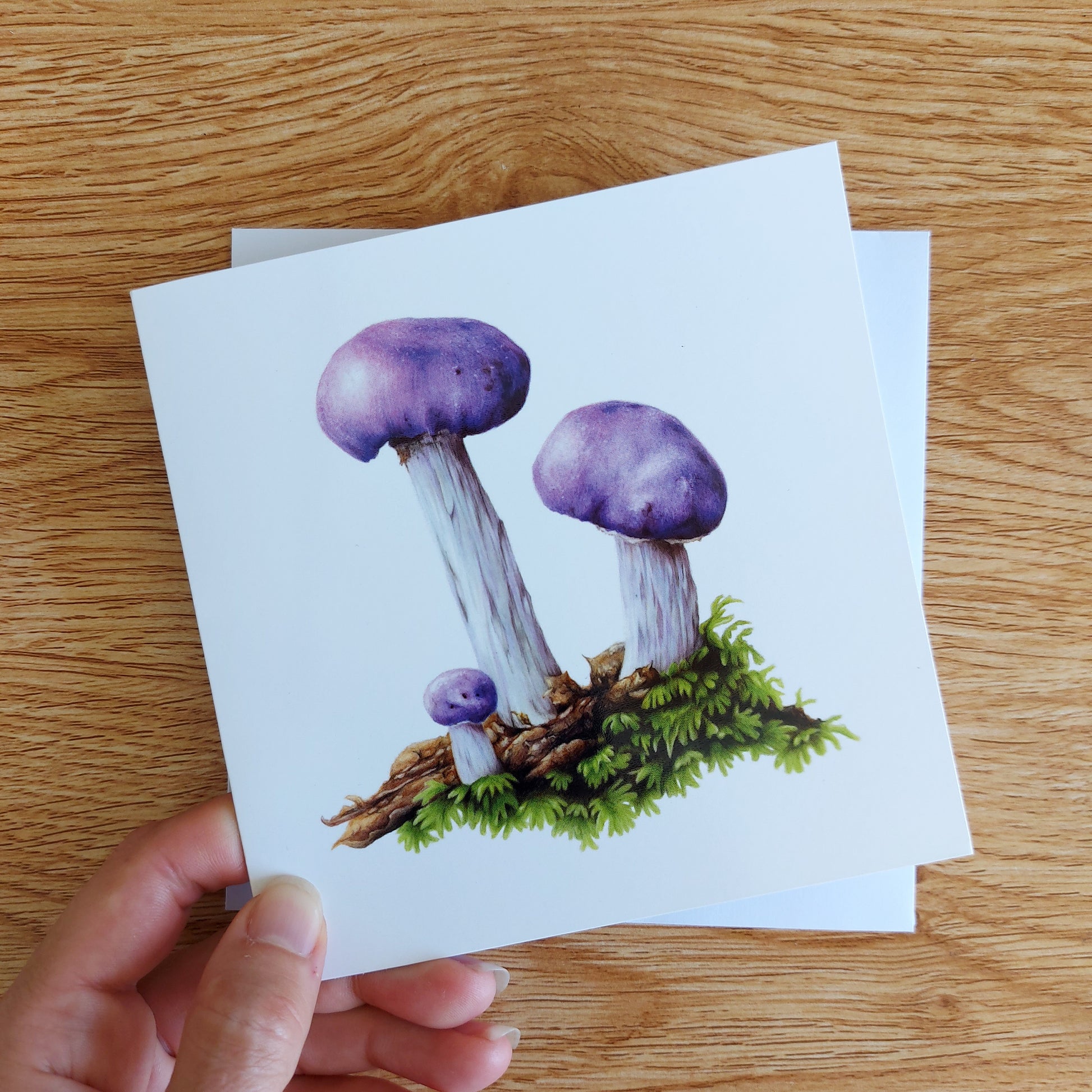 Greeting card featuring a coloured pencil illustration of a New Zealand purple pouch fungi mushroom