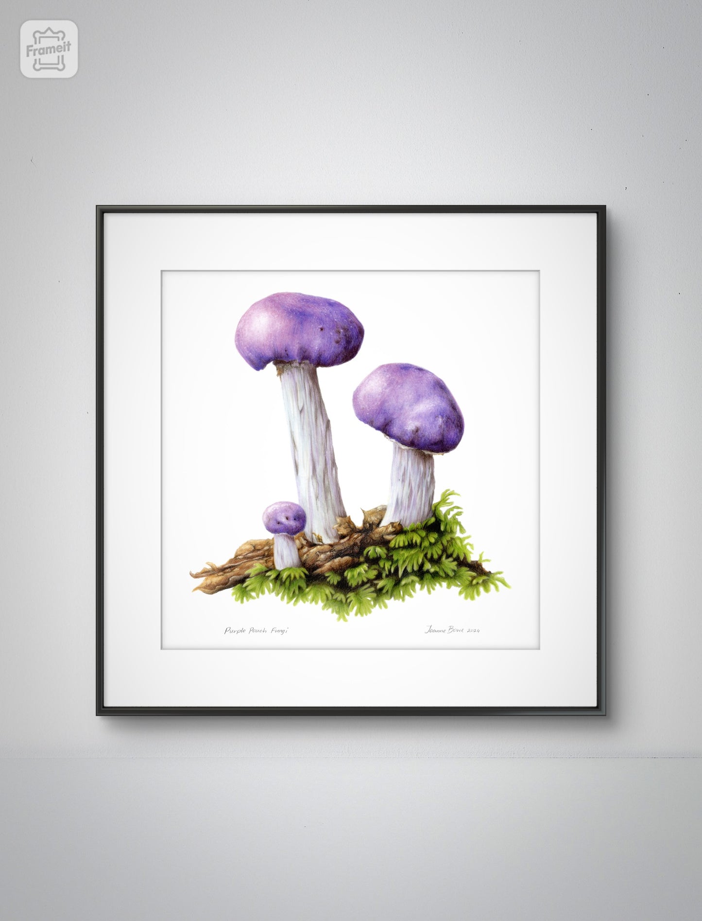 Purple Pouch Fungi open edition art print styled in a calm home interior setting, showing scale and presentation.