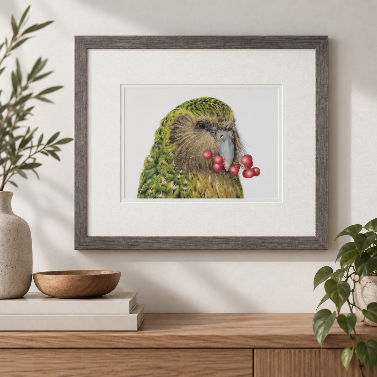 Sirocco the kākāpō original coloured pencil artwork displayed in a Scandi style interior
