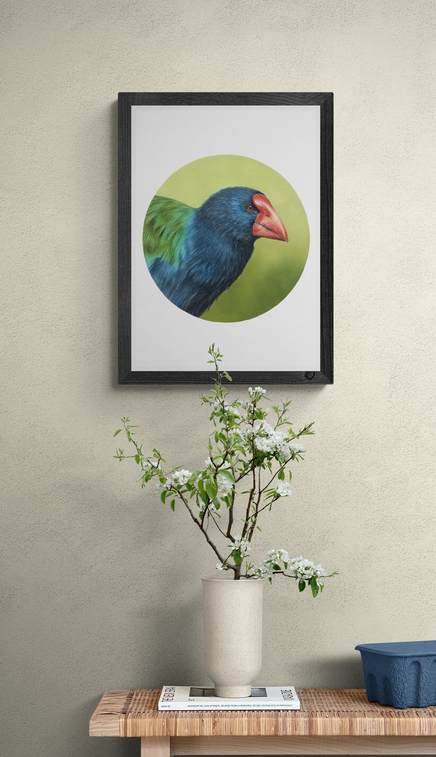 Takahē open edition art print styled in a calm home interior setting, showing scale and presentation.