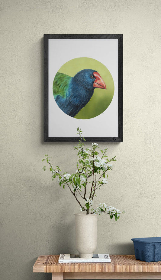Takahē open edition art print styled in a calm home interior setting, showing scale and presentation.