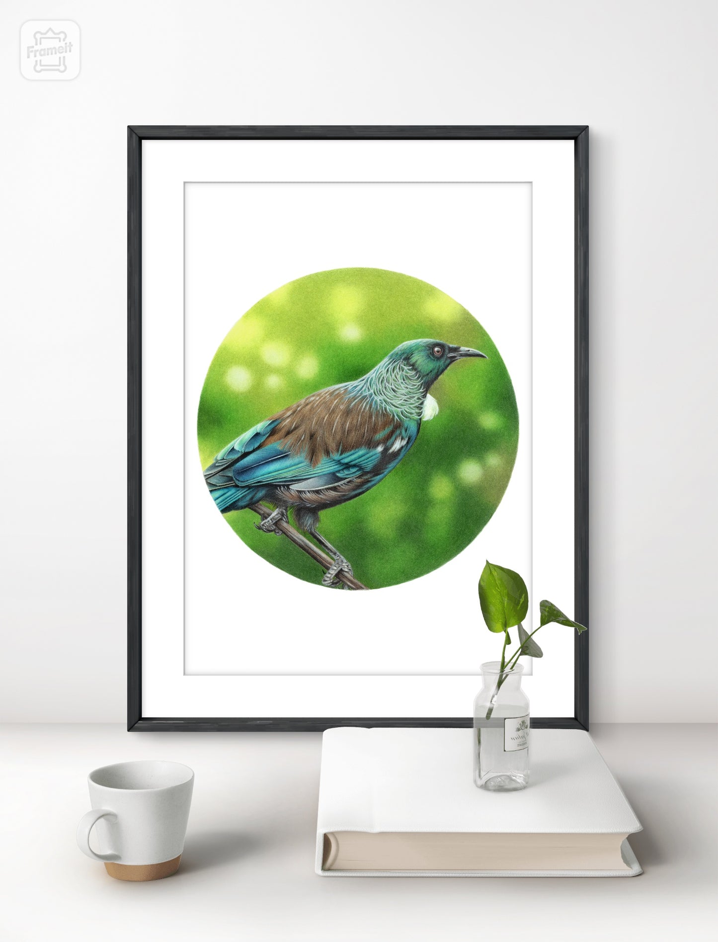 Tūī open edition art print styled in a calm home interior setting, showing scale and presentation.