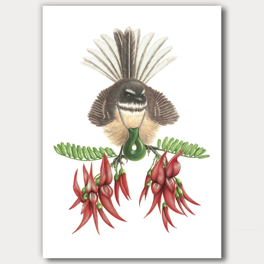 Fantail with Greenstone & Kakabeak - Joanne Bowe | New Zealand Artist